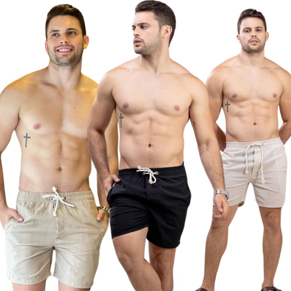 KIT 3 Short Linho Mauricinho Premium Masculino Bermuda Praia Verão