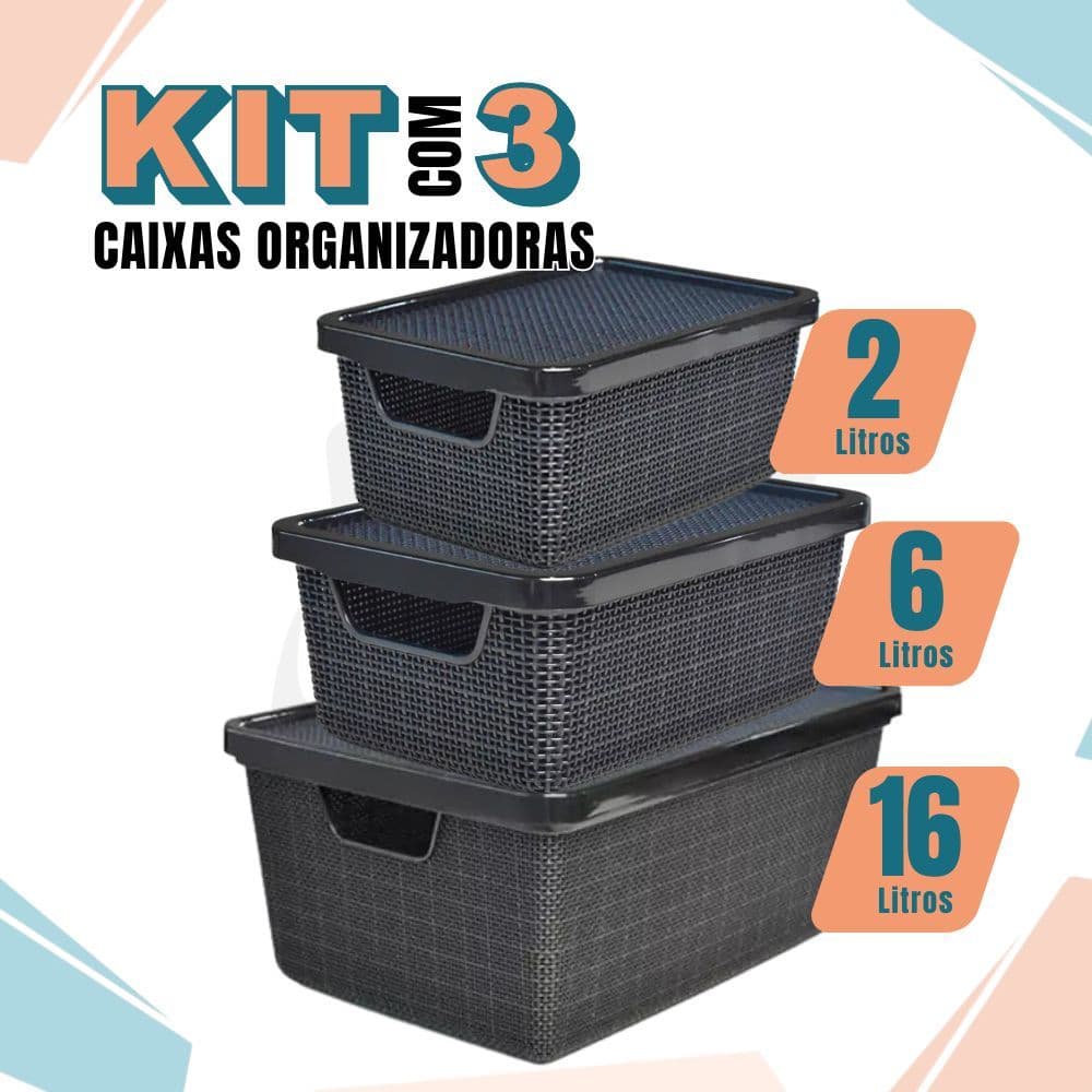 Kit 3 Caixas/cesto Organizador Jutta 2l, 6l E 16l Preto  Cesto Organizador Gavetas Guarda-Roupas Arm
