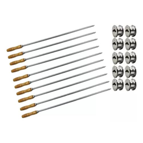 10 Espetos Churrasco Inox C/ Roldanas Móvel para churrasqueira rotativa