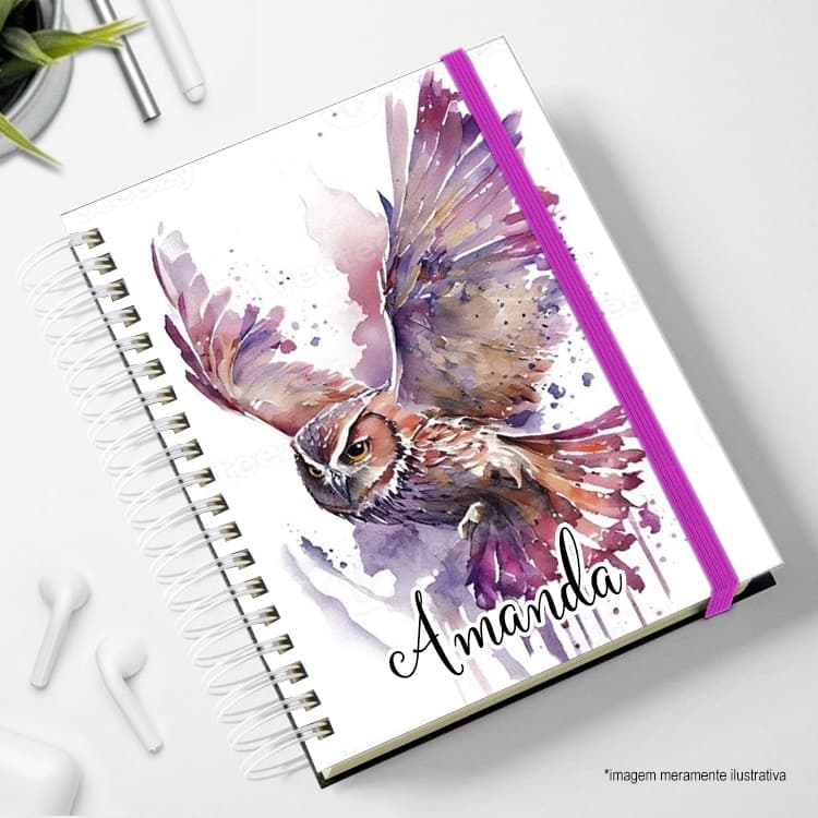 agenda 2026 coruja datada capa dura com elastico personalizada roxo pais