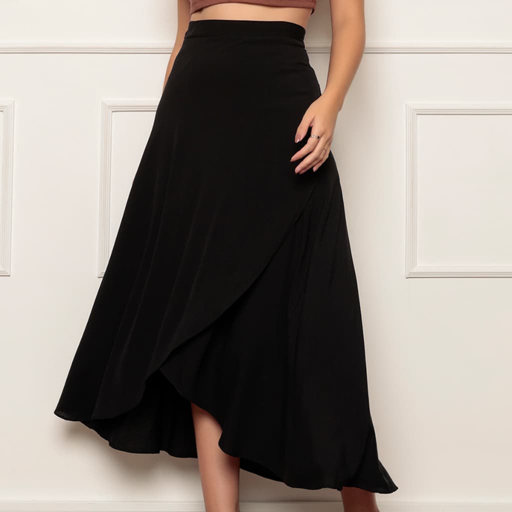 Saia Envelope Preto Transpassada Longa feminina De amarrar