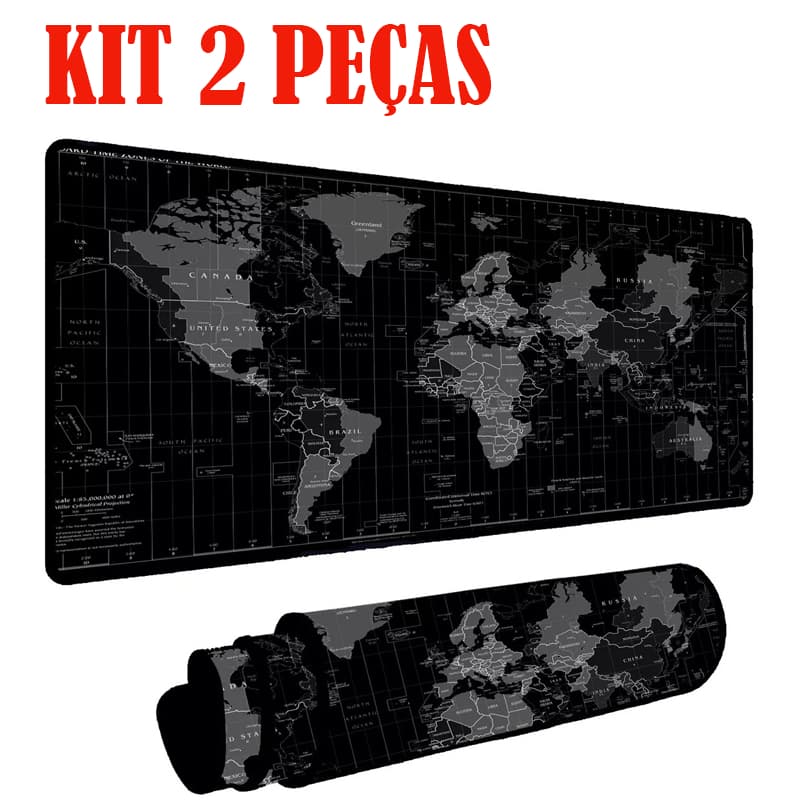 Kit 2 Mouse Pad Gamer Speed Extra Grande Mapa 70x30 Mundi Preto