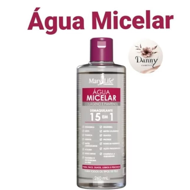 Água Micelar - Colágeno e Pantenol - Mary Life - Demaquilante 15 em 1 - 260 ml