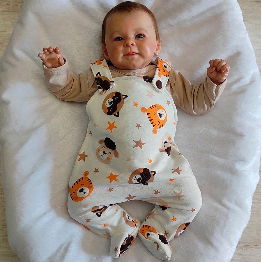 Macacão Roupa Bebê Menino Melhor Preço Jardineira com Body Manga Longa Kids Luigi Bege/Branco