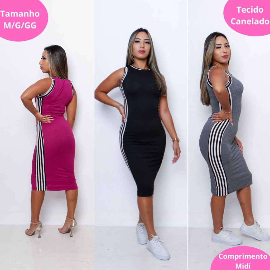 Vestido Regata Midi Canelado Feminino Tubinho faixa lateral