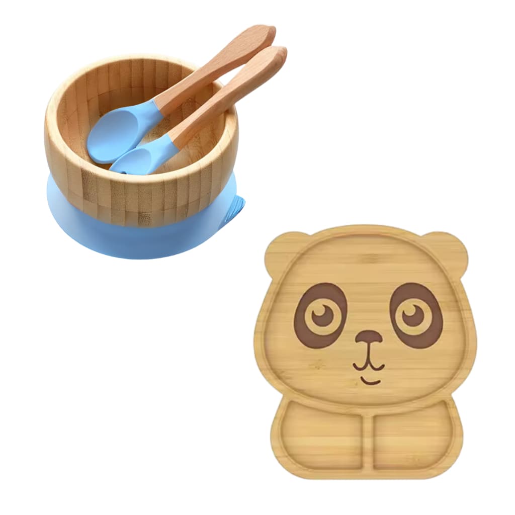 Bowl Kit Pratinho De Urso Tigela De Bambu Com Talher Para Bebe Introdução Alimentar Ventosa