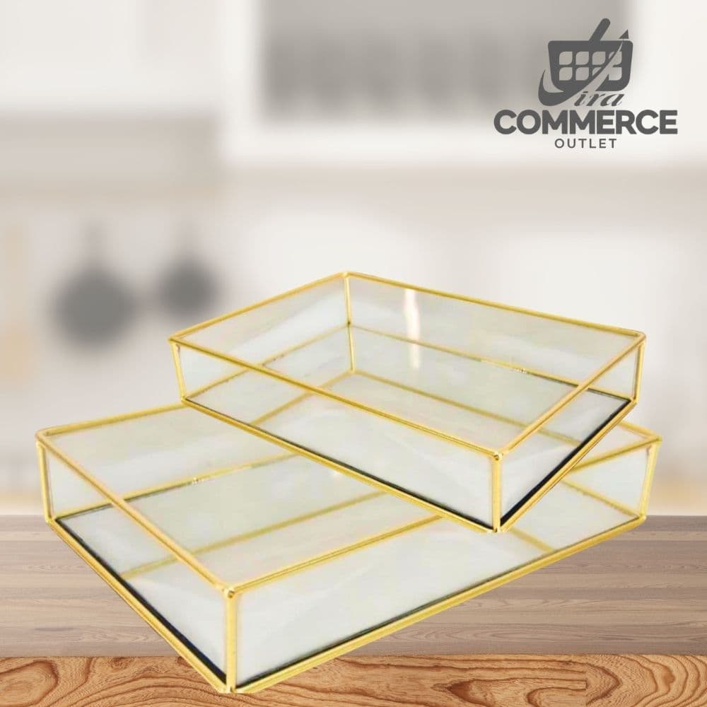 Bandeja Decorativa Luxo Retangular – Espelhada, Marmorizada em Madeira ou Metal Dourado
