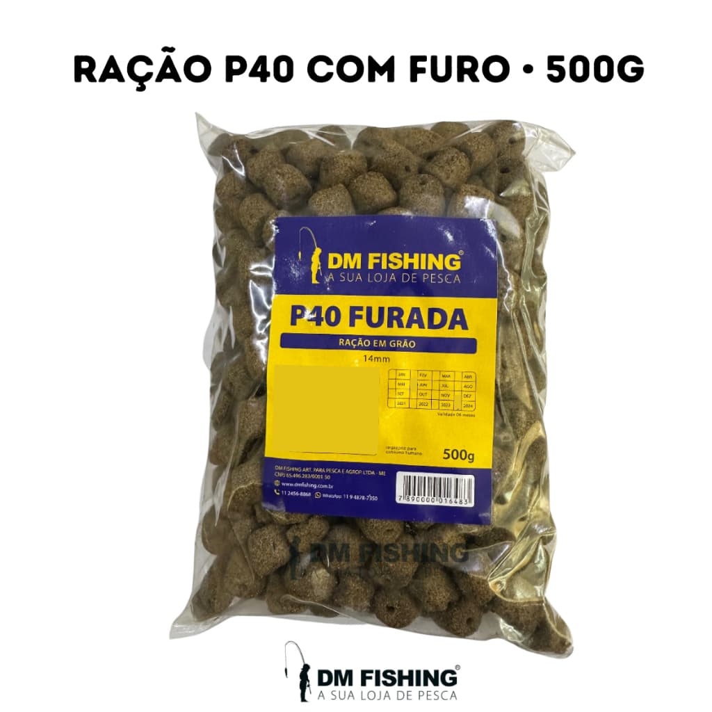 RAÇÃO P40 FURADA GUABI 500g SECA PARA PESCA DE TAMBAQUI, TAMBACU, PACU, CACHARA, PIRARARA, DOURADO