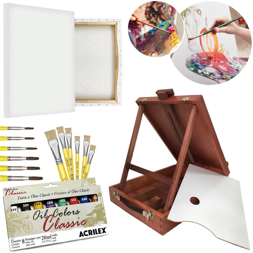 Kit Pintura Maleta Cavalete, 8 Tintas, 12 Pinceis + 2 Telas