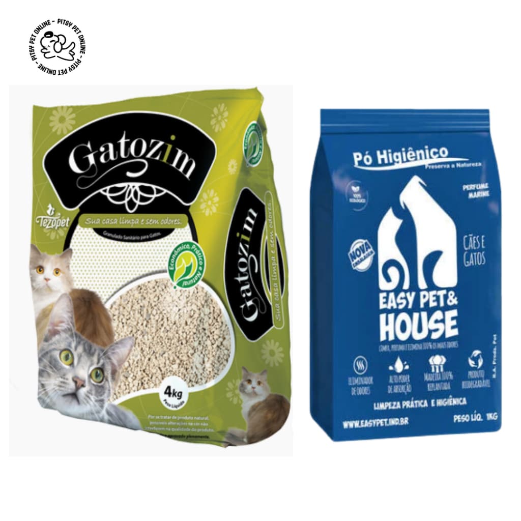 Kit areia Higiênica para gatos 4 kg +Pó higiênico eliminador de odores easy pet house para gatos 1kg