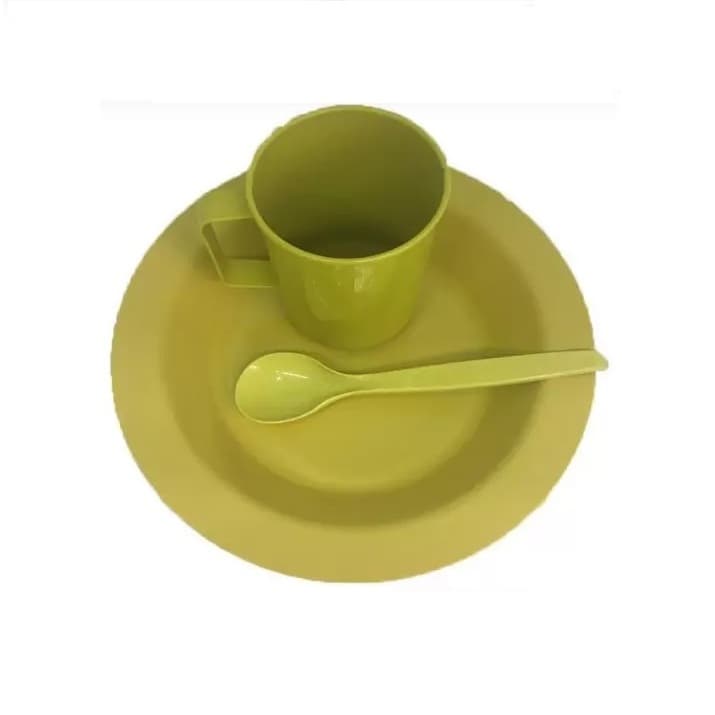 2 Kit Merenda Escolar Prato Colher Caneca Plástica Amarelo