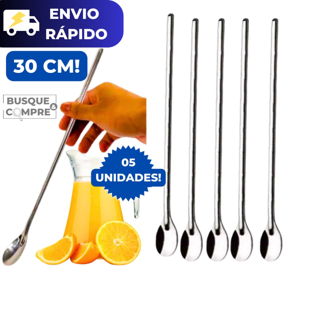 5 Colheres Grandes de 30cm Colher para Sucos Drinks Milkshakes Bebidas Aço Inox para Cozinha Suco