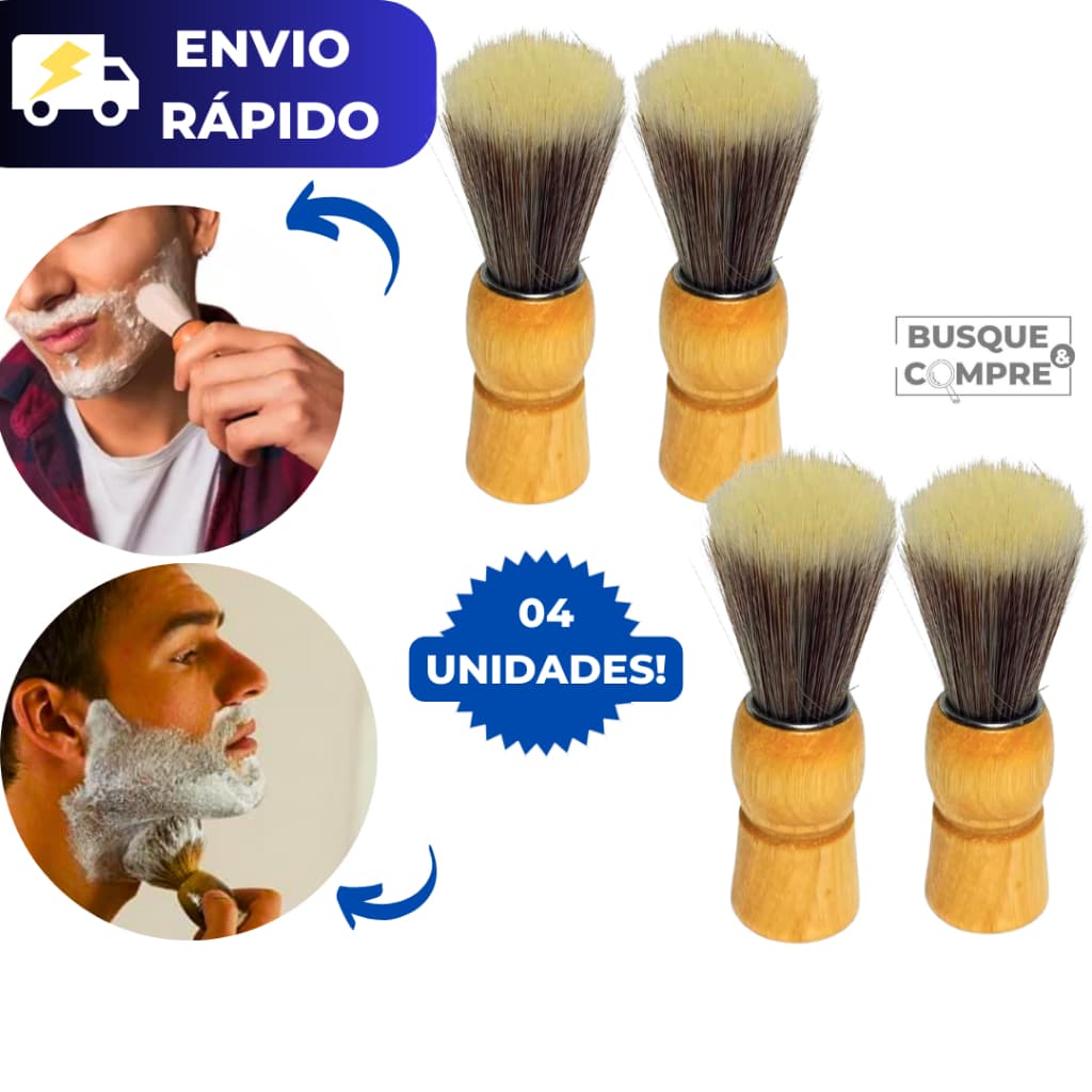 Kit 4 Pinceis de Barbear com Cabo de Madeira Pincel para Barba Barbeiro Barbearia Fibras Sintéticas