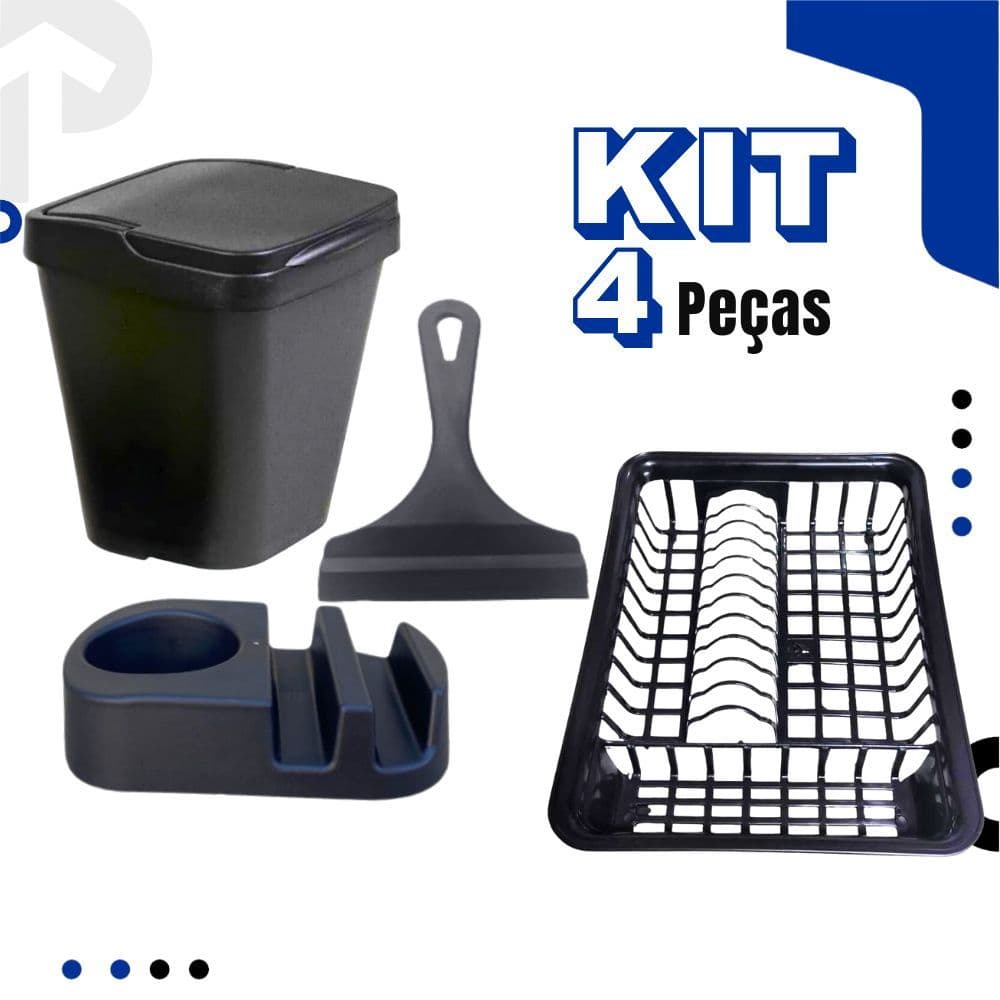 Kit Cozinha PRETO Porta Detergente / Rodo de Pia / Lixeira + Escorredor de Louça Area Gourmet