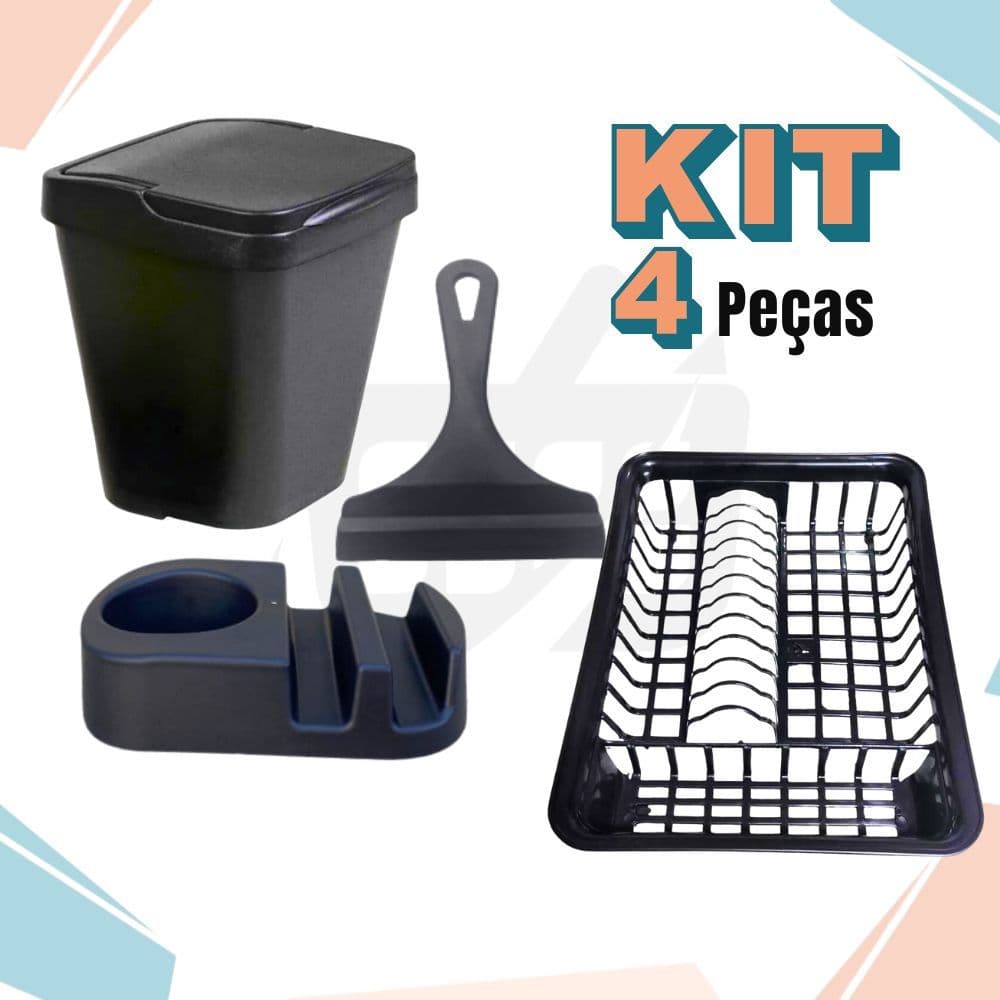 Kit Cozinha PRETO Porta Detergente / Rodo de Pia / Lixeira + Escorredor de Louça Area Gourmet plasmarc