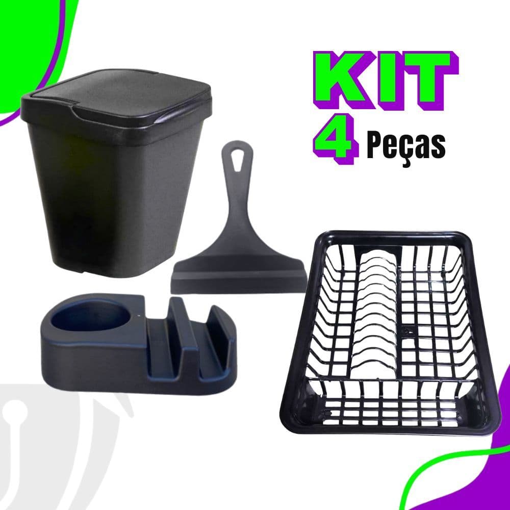 Kit Cozinha PRETO Porta Detergente / Rodo de Pia / Lixeira + Escorredor de Louça Area Gourmet