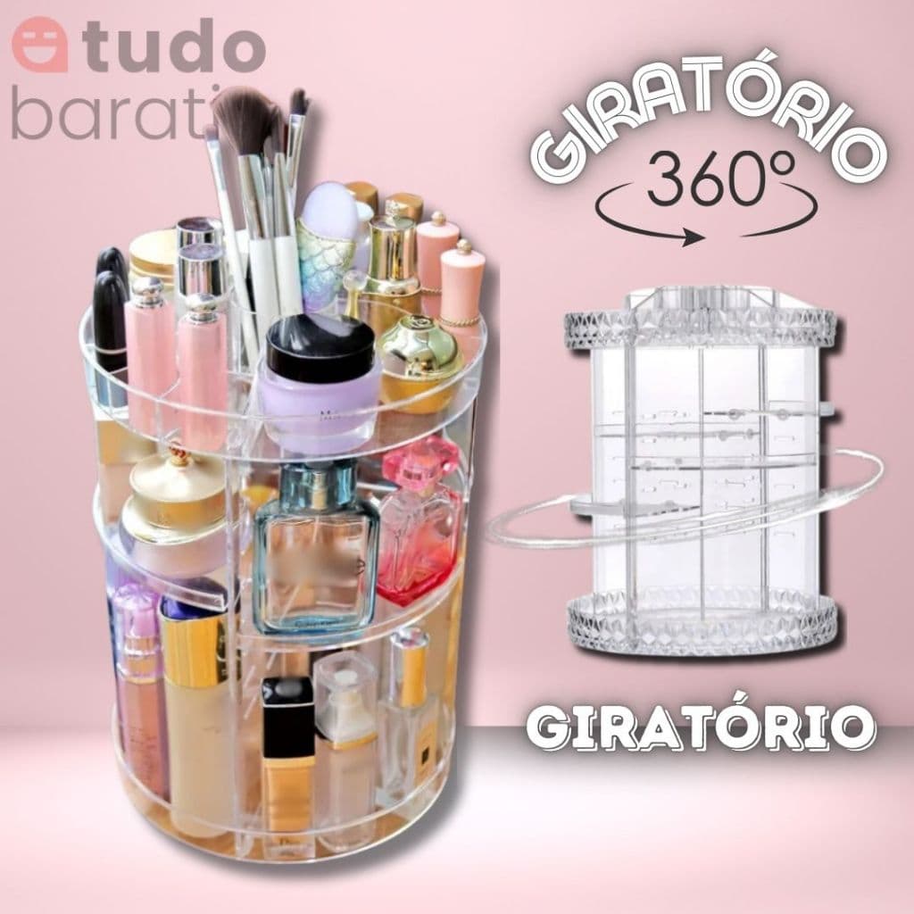 Organizador de Maquiagem Torre Giratória 360° Cosméticos Perfume Creme Acrílico 3 Andares