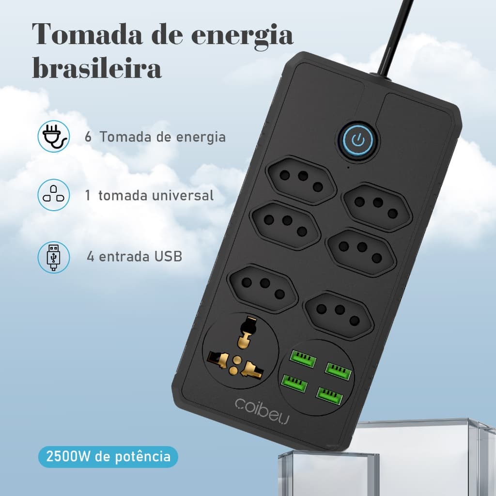 COIBEU Extensão 6 Tomadas 4 USB 1 Tomada Universal Bivolt Power 110v/220v 10A 2m  5m WKC-614