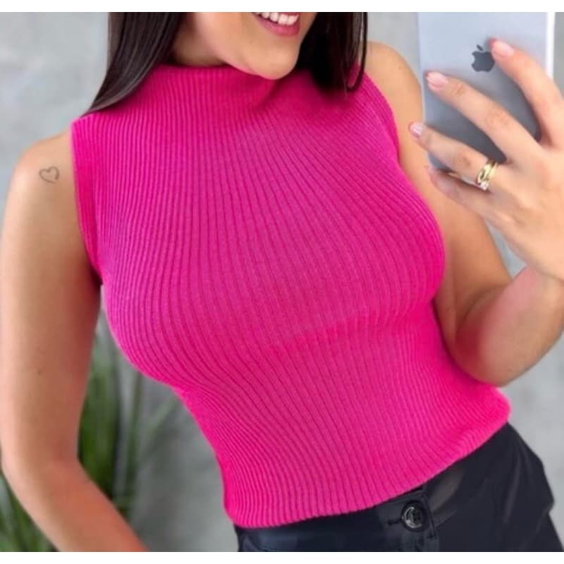 Blusa de Tricô Feminina Canelada Gola Alta Regata Garrafinha 36 ao 42 Lupinacci Tricot
