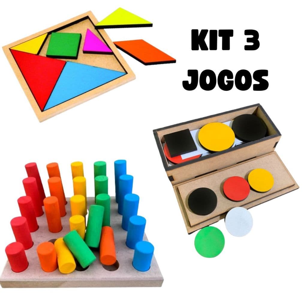 Kit 3 JOGOS PINOS DE ENCAIXE + TANGRAM Jogo das Formas + TESTE TOKEN Brinquedo Educativo Montessori