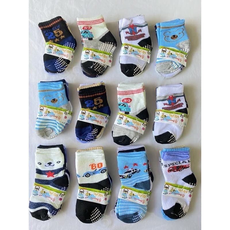 Kit 12 Meia de Bebê Antiderrapante Estampadinha Masculina 0 a 6, 6 a 12, 12 a 24 mês