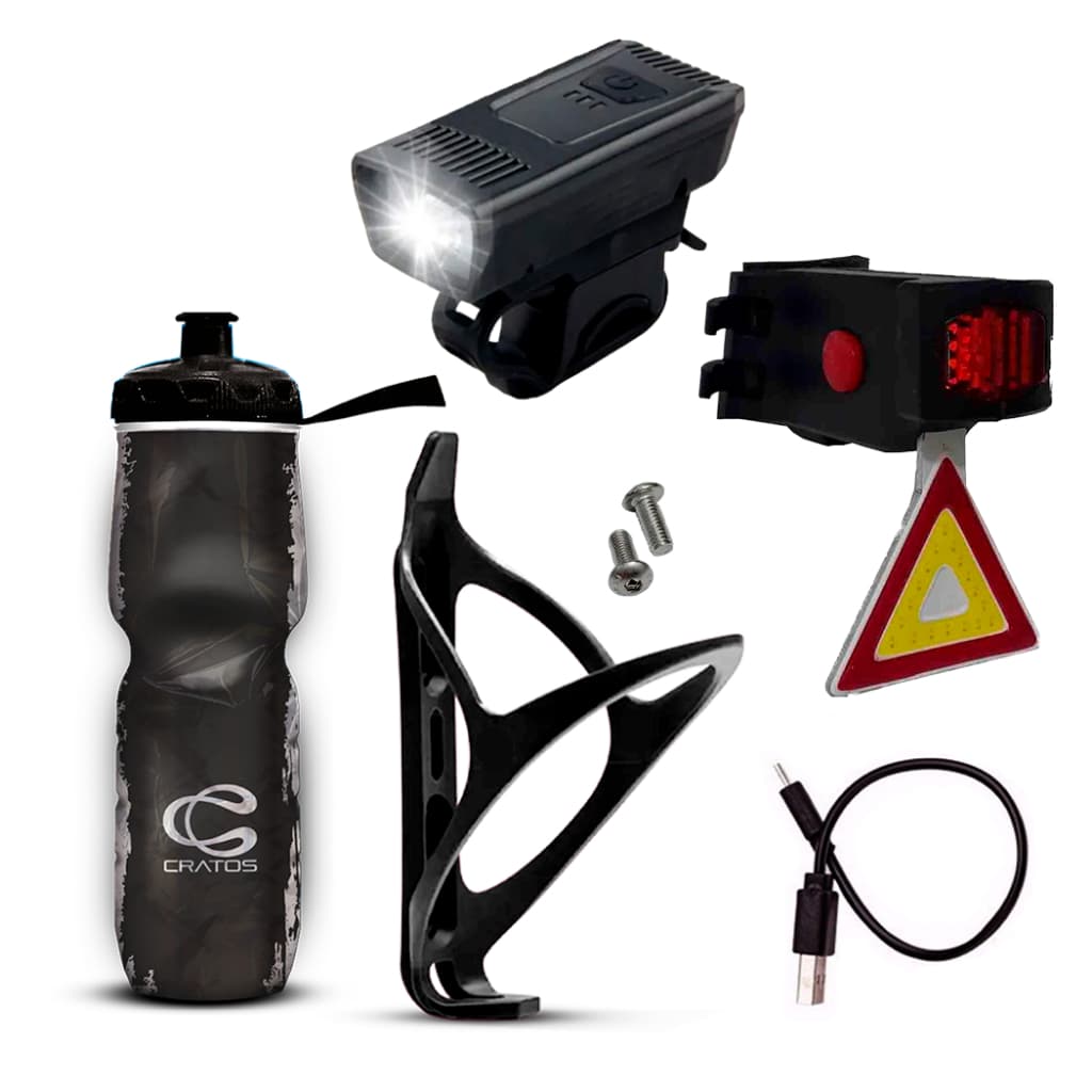 Kit Garrafa Térmica Bike Cratos + Suporte Joy + Farol Dianteiro + Sinalizador Traseiro Triângulo