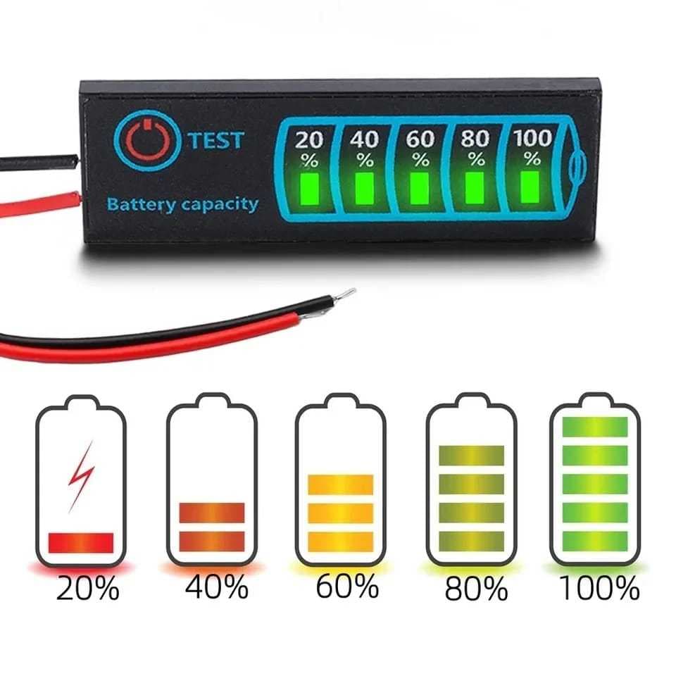 Painel Indicador de Nivel Porcentagem Bateria Lítio, LiFePO4, Chumbo, 5-30V Testador de Tensão
