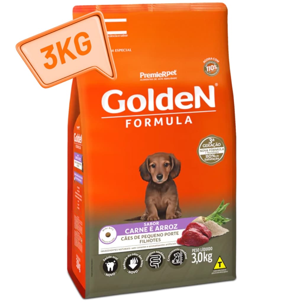 Ração Golden Cães Filhotes Mini Bits 3kg Carne & Arroz