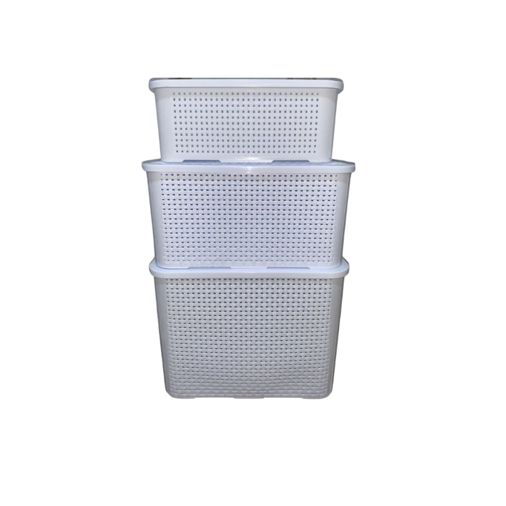 Kit com 03 Caixa Organizadora Rattan Empilhavel com Tampa 10L, 18L e 26L Rosa Preto Branco