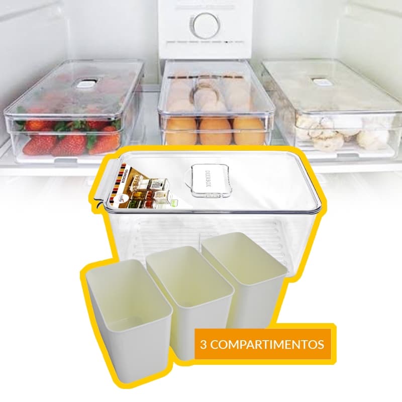 Organizador De Geladeira Acrílico Com Tampa Cesto Triplo 5.7L