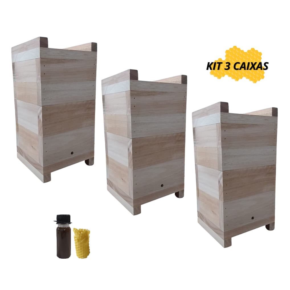 Kit 3 Caixas de Abelhas Jataí Asf Modelo Inpa Madeira Eucalipto Rosa 12x12cm Interno + Atrativo + Cera