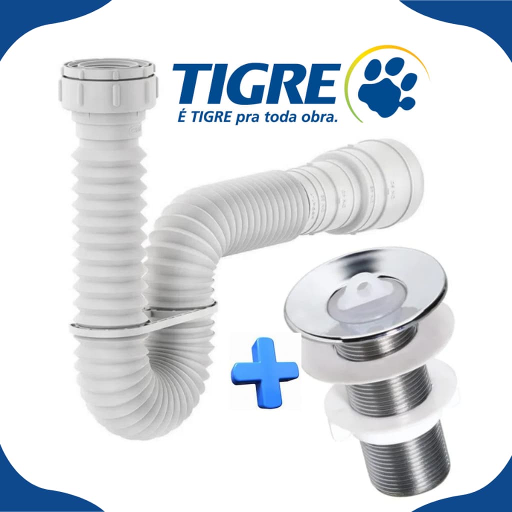 Sifão Sanfonado Universal Ajustável Tigre + Válvula Luxo Lavatório Tanque Cozinha abs PVC cromada