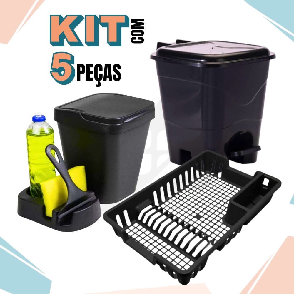 Kit Cozinha Lixeira Pia/Porta Detergente/Rodo/Escorredor Louça/Lixeira 13 Litros Area Gourmet