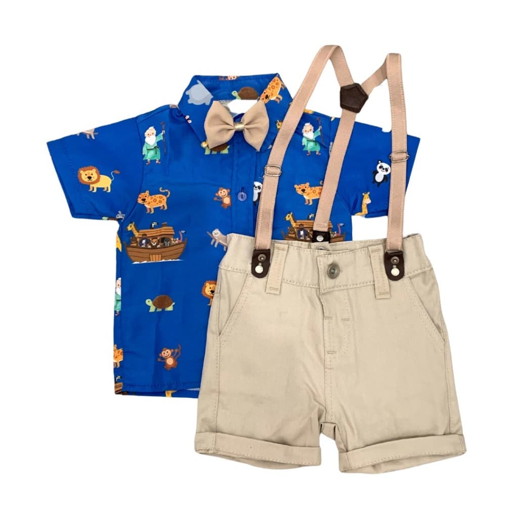 Arca de Nóe roupa tematica menino aniversario bermuda camisa gravata suspensorio