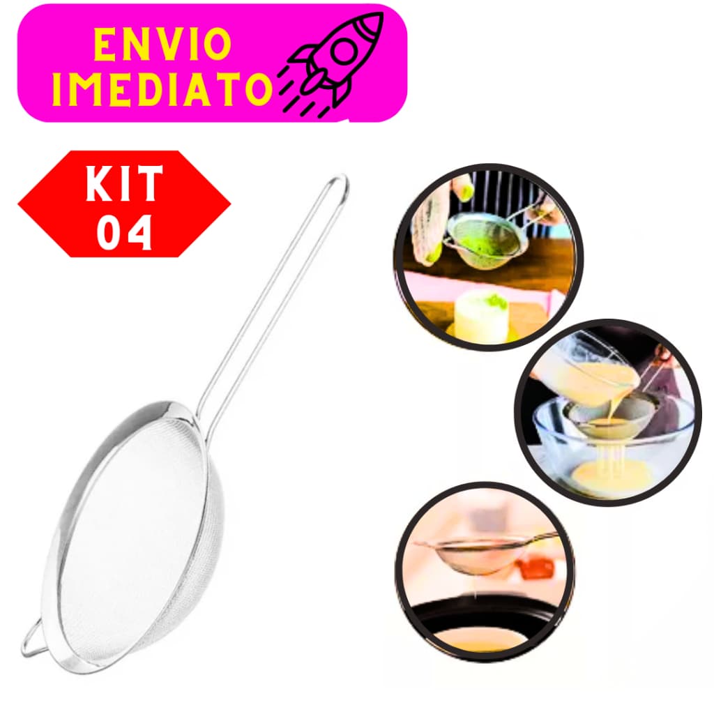 Kit 04 Peneiras Aço Inox 16 Cm Durabilidade e Resistência Prática e Eficiente Ideal Para Coar