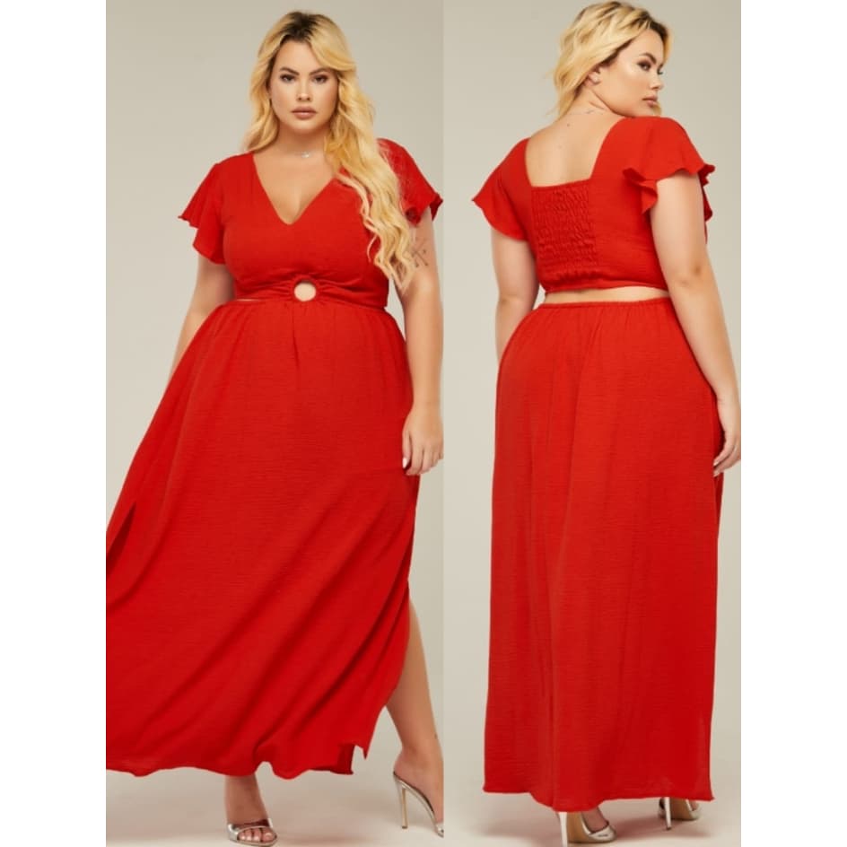 Vestido Longo Com Argola Frontal Plus Size Feminino Manga curta Decote Na Cintura