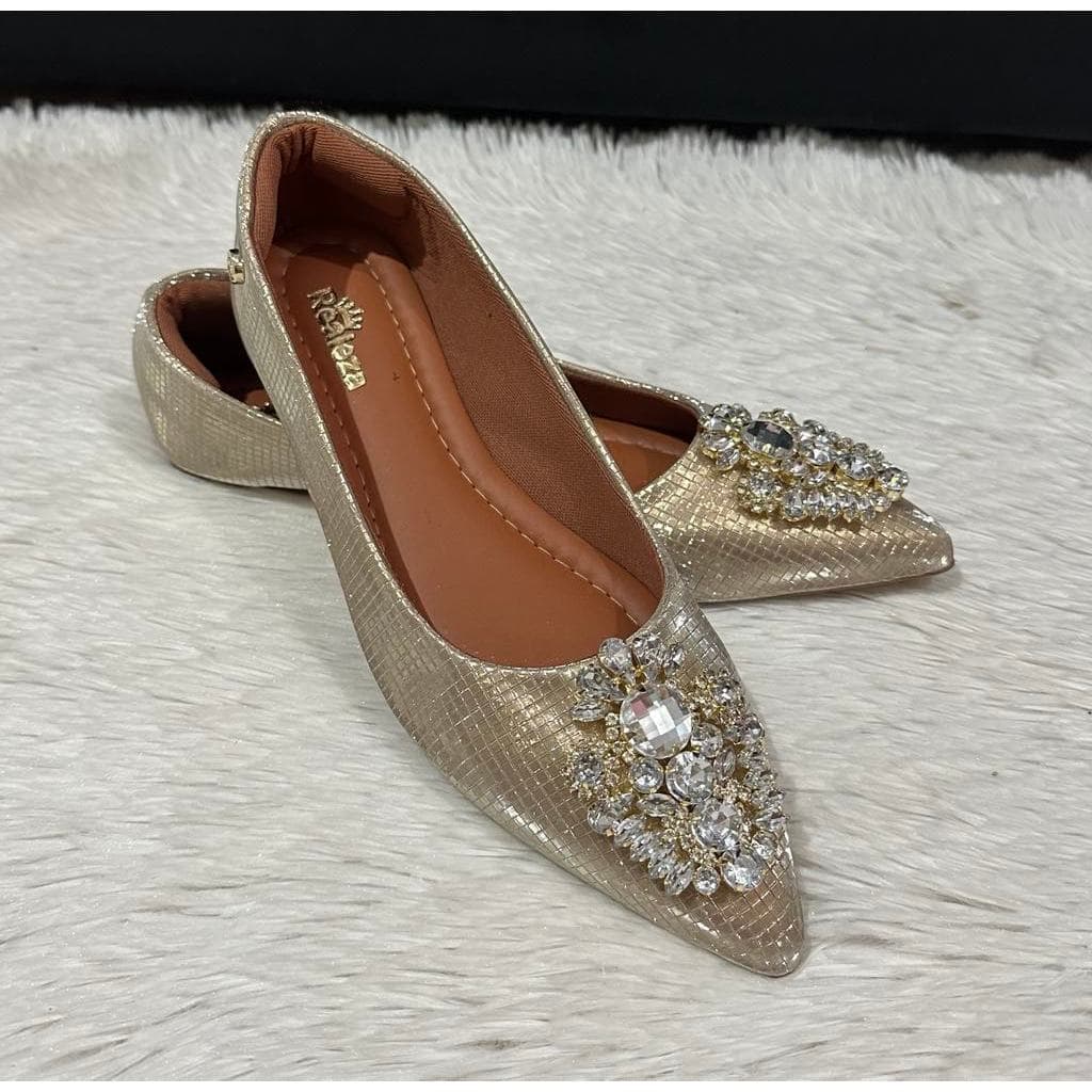 Sapatilha Bico Fino Pedraria Ouro Brilhante Festas Casamento
