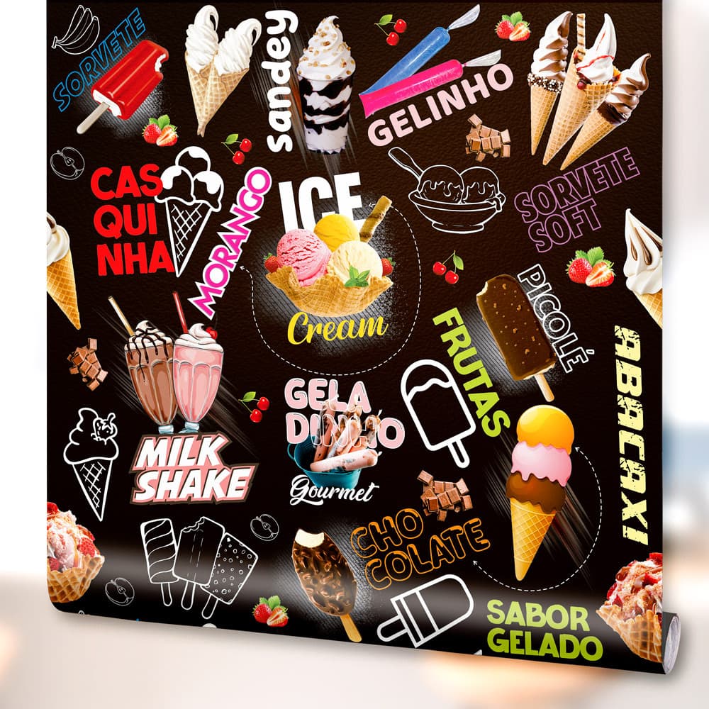 Papel de Parede Decoração Sorveteria Picolé Sorvete Cascão Lavável Preto