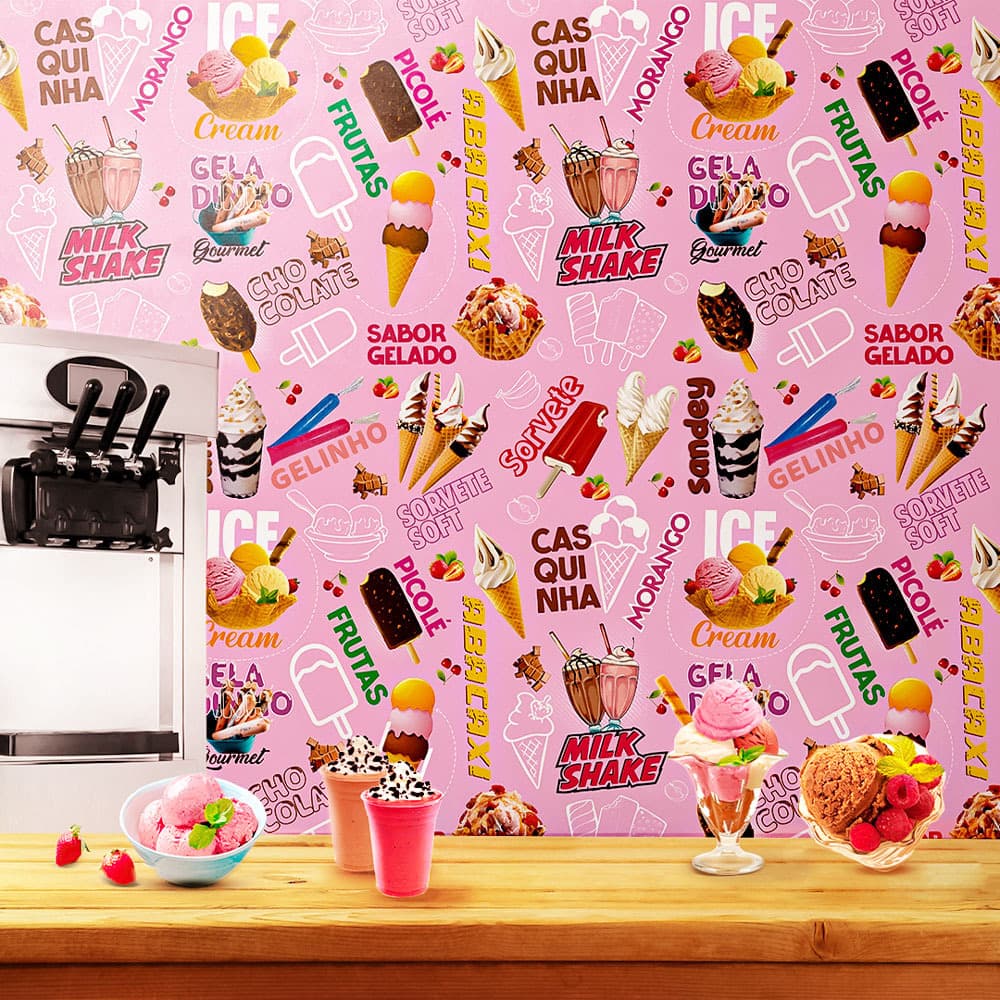 Papel de Parede Decoração Sorveteria Picolé Sorvete Cascão Lavável Rosa Autocolante
