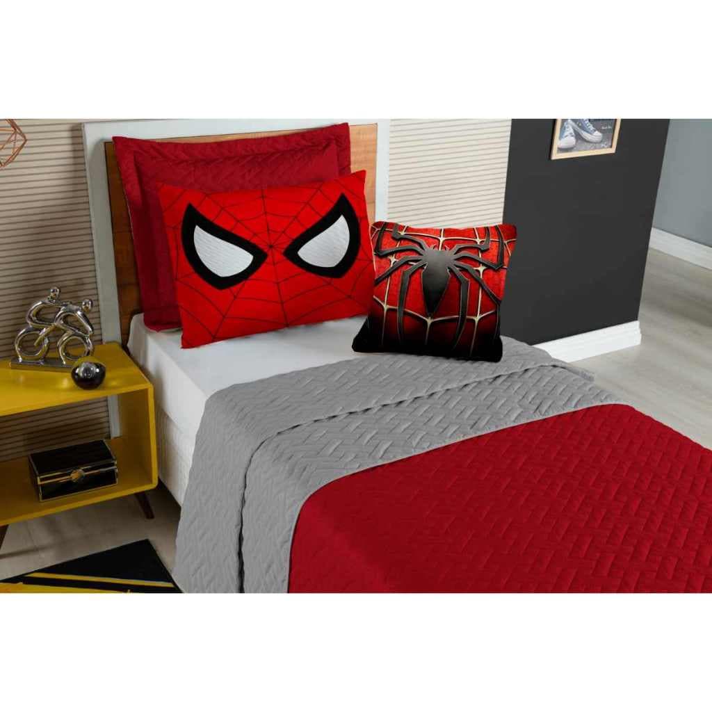 Colcha Cobre Leito Roupa Cama Solteiro 5 Pçs Matelado Quarto Menino Aranha Vermelho Decorativo Macio