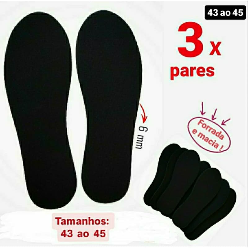 KIT 3 PARES PALMILHA EVA 6 MM. TAMANHOS 43,44,45 PARA TENIS,SAPATO,CHUTEIRA,BOTA,MACIA,CONFORT,