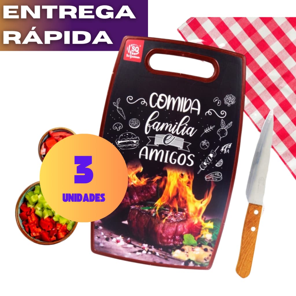 Kit C/3 Tabua de Corte para Carne Resistente de Plastico com Estampa de Qualidade para Cozinha e Cortes Rapidos
