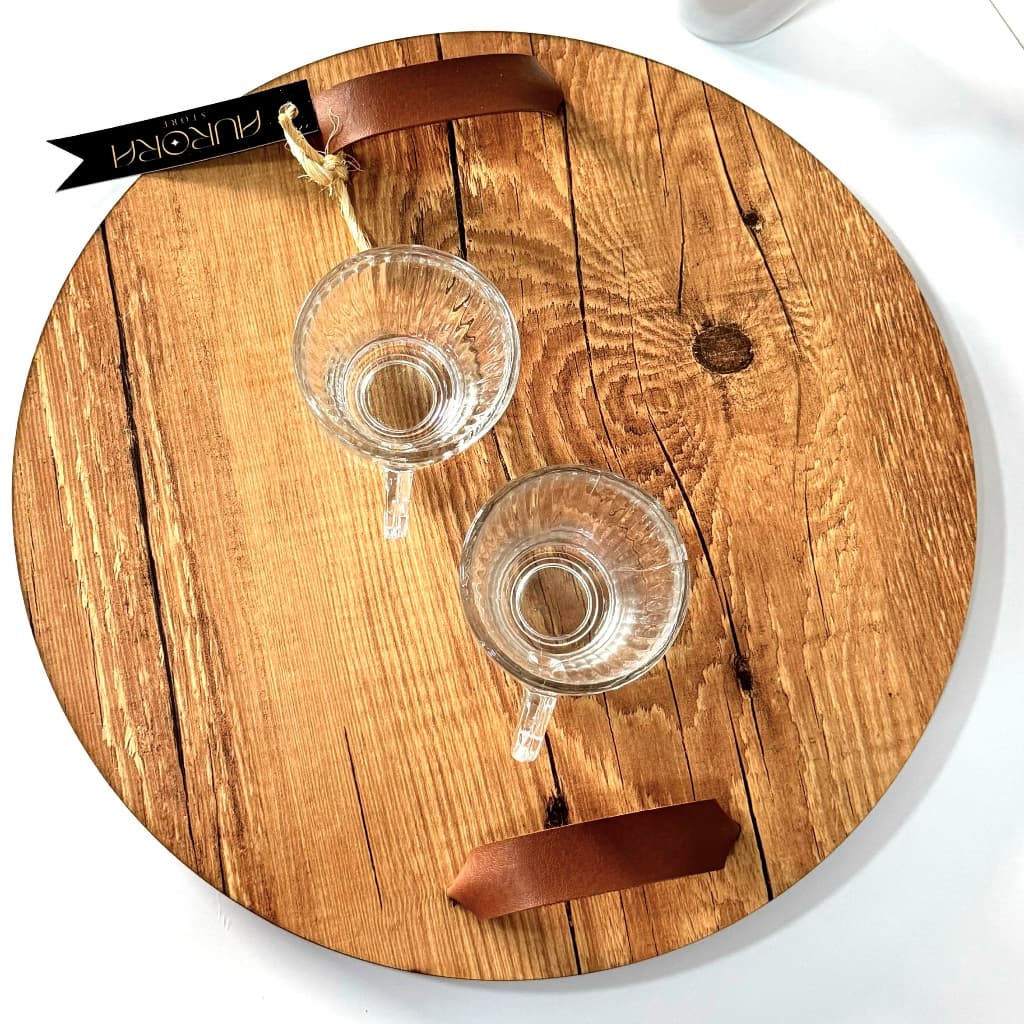 Bandeja Decorativa Redonda MDF Laminado Alças Couro Sintético 30cm Moderno Elegante Casa Escritório