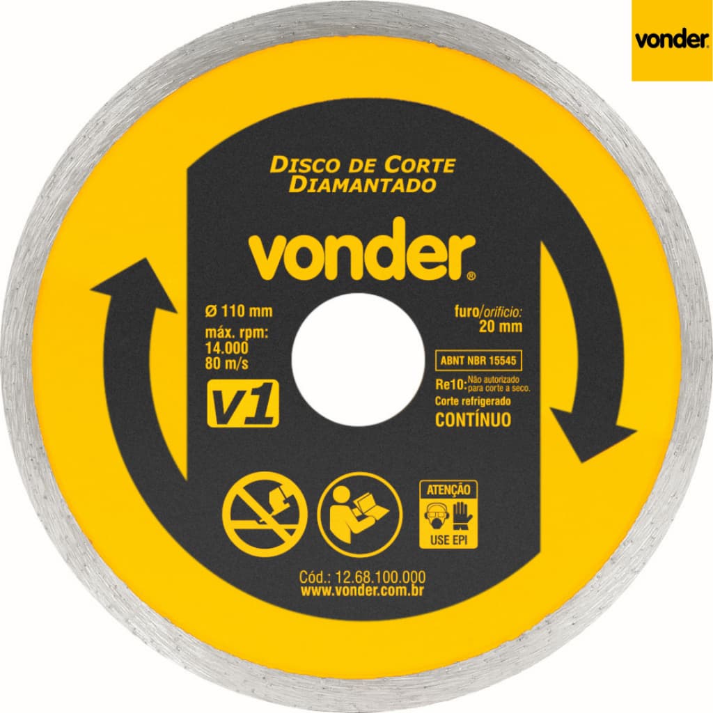 Disco de Corte para Porcelanato Cerâmica Diamantado 110x20mm V1 Vonder corte fino