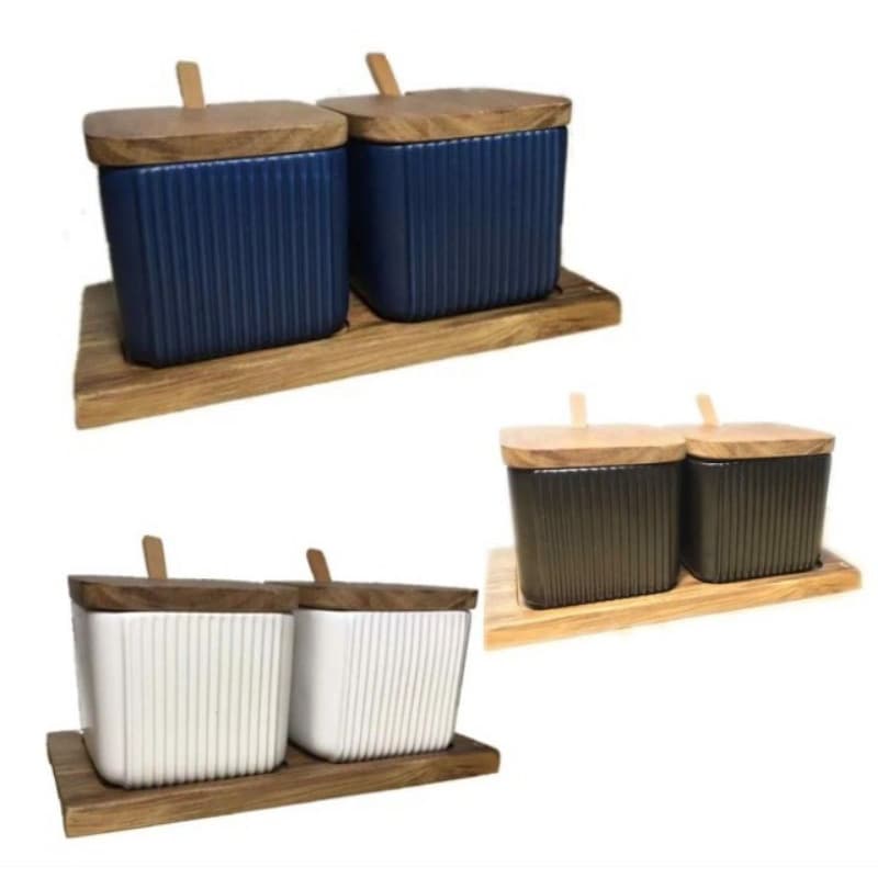 Kit Saleiro E Açucareiro Multiuso Cerâmica Bambu Com Colher