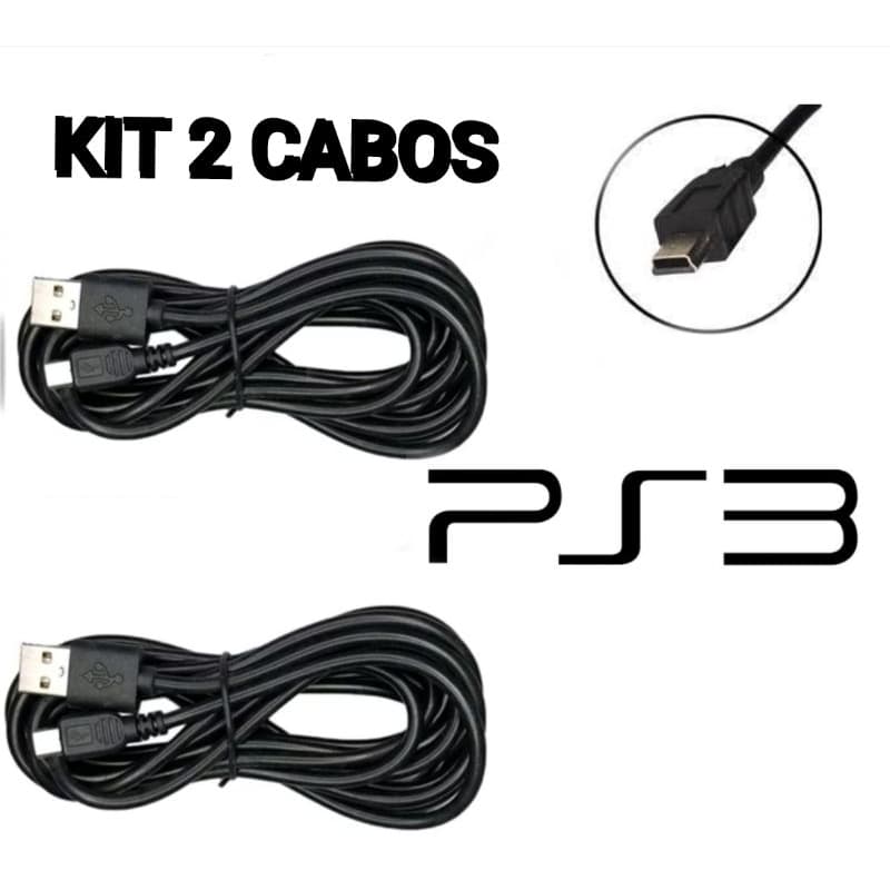 Kit 2 Cabos Para Controle de PS 3 V3 USB   1.5M Grande Turbo Reforçado GPS Carregada e Joga