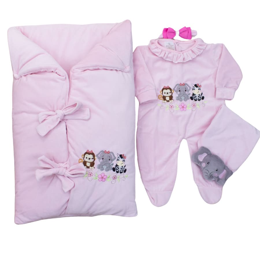 Saída Maternidade Bebe Menina Safari Rosa Com Saco De Dormir - Conjunto Infantil para Bebê Menina