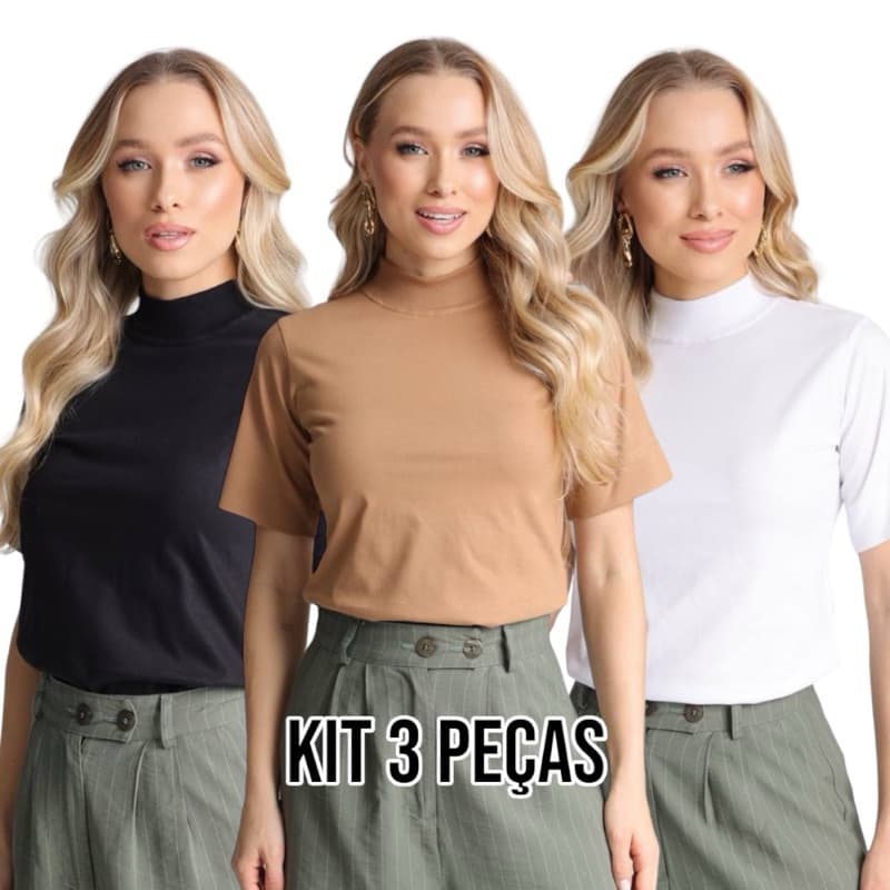 Kit 3 T Shirt gola alta oversized camisa 010 blusa meia manga algodão cherry