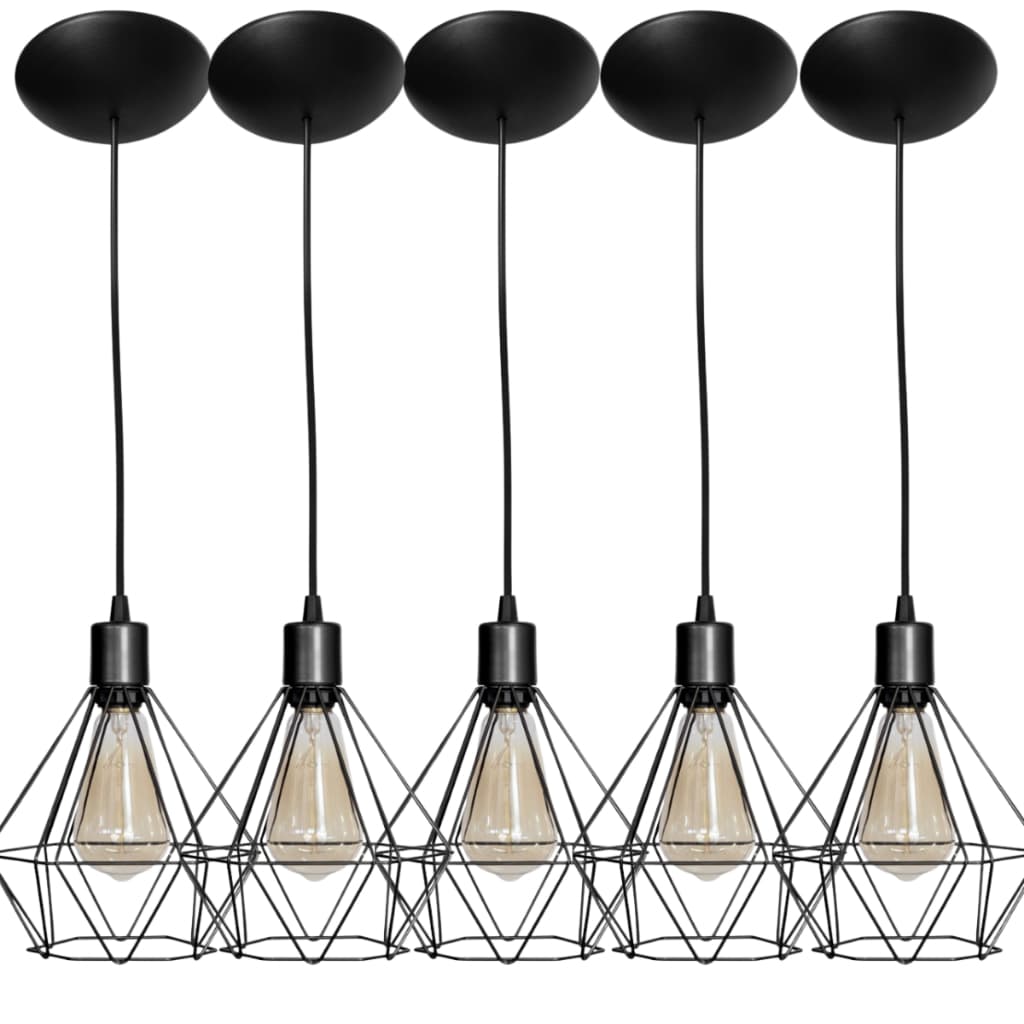 Kit 5 Lustre Pendente Aramado Diamante Industrial Moderno Preto Cabo 1 Metro
