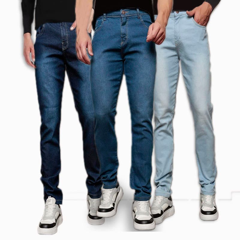 Kit 3 Calças Jeans Masculina  Lavagem Escura+Média+Clara Skinny Lycra Tamanho Normal